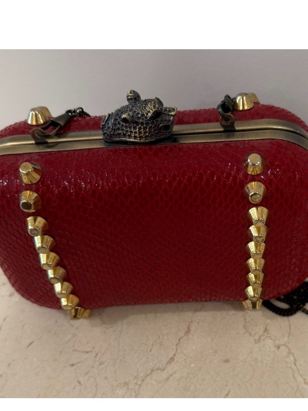 House of Harlow 1960 Red Studded Snake-Texture Clutch with Crown Clasp